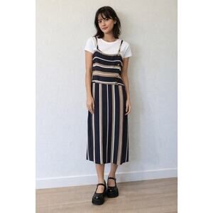 VTG Y2K Women Sz L Striped Multicolored Black Stripe Square Neck Slip Dress